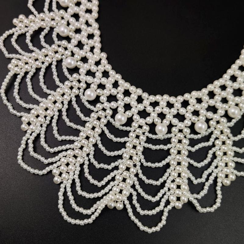 Handmade Layered Pearls Choker Necklace Luxurious Body Chain Shoulder Shawl Collar for Women Body Jewelry Accessory