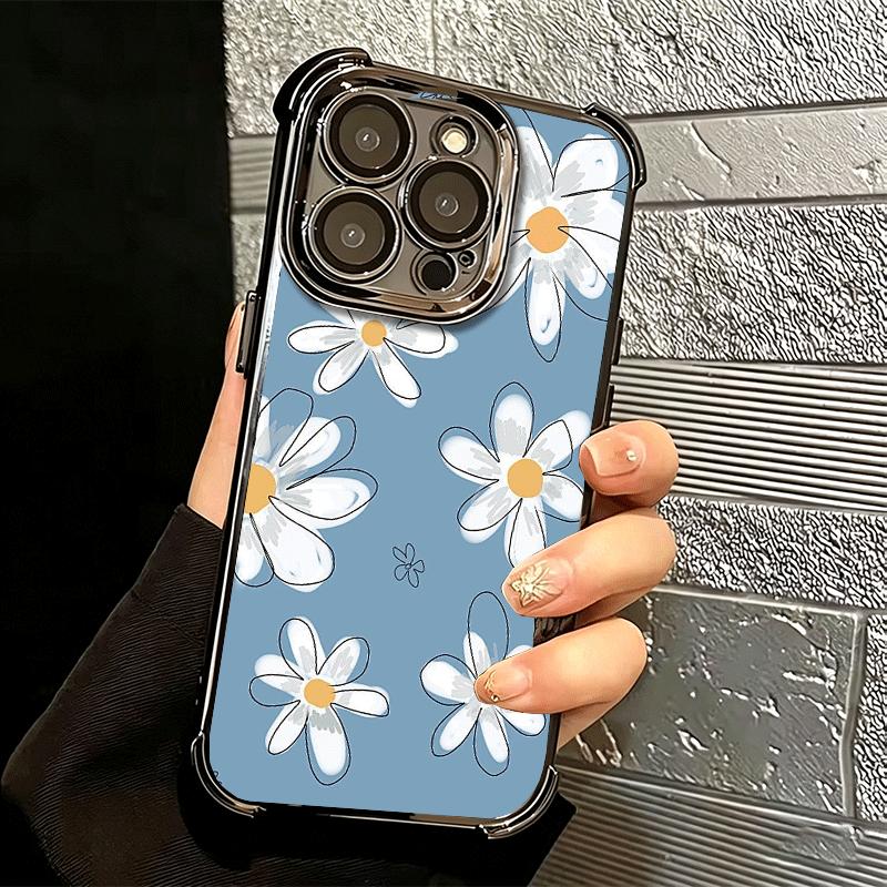 Daisy Flowers Aesthetics Plating Phone Case For Iphone 16 17 Pro Max Air 16E 14 15 Plus 12 13 Mini Anti-Fall Airabag Cover
