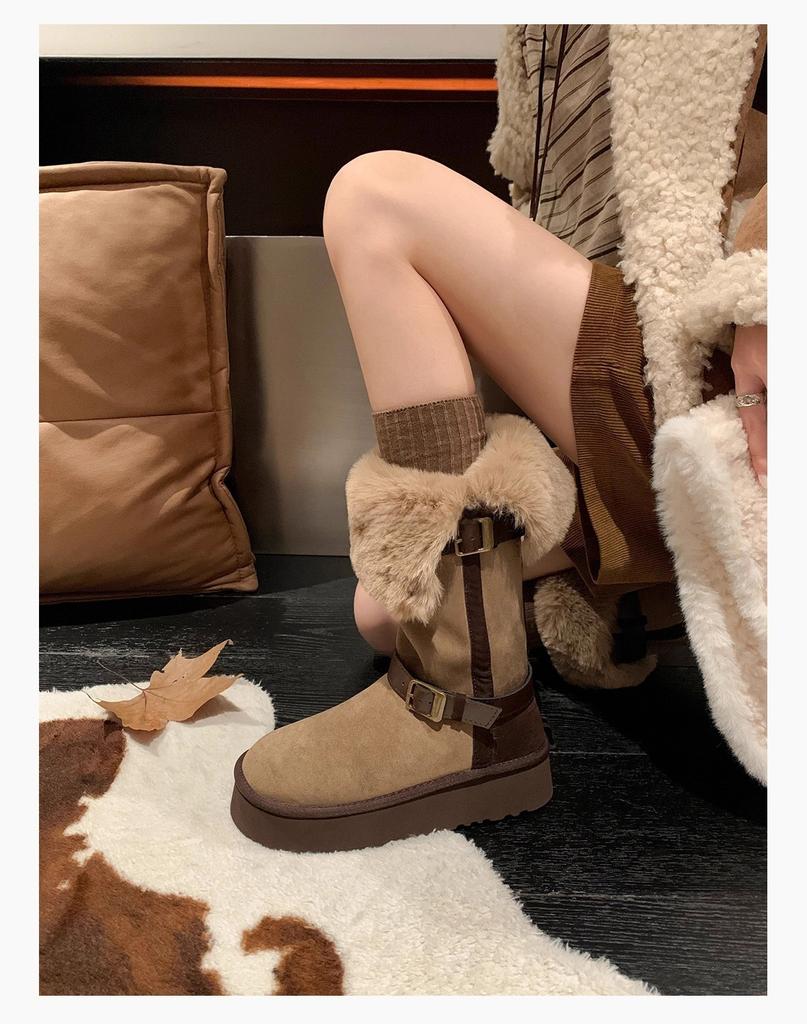 Thick Bottom Plush Winter Boots Women's Fleece Lined Long Tube Shoes Fashionable Buckle Warm Cotton Snow Boots Casual Style