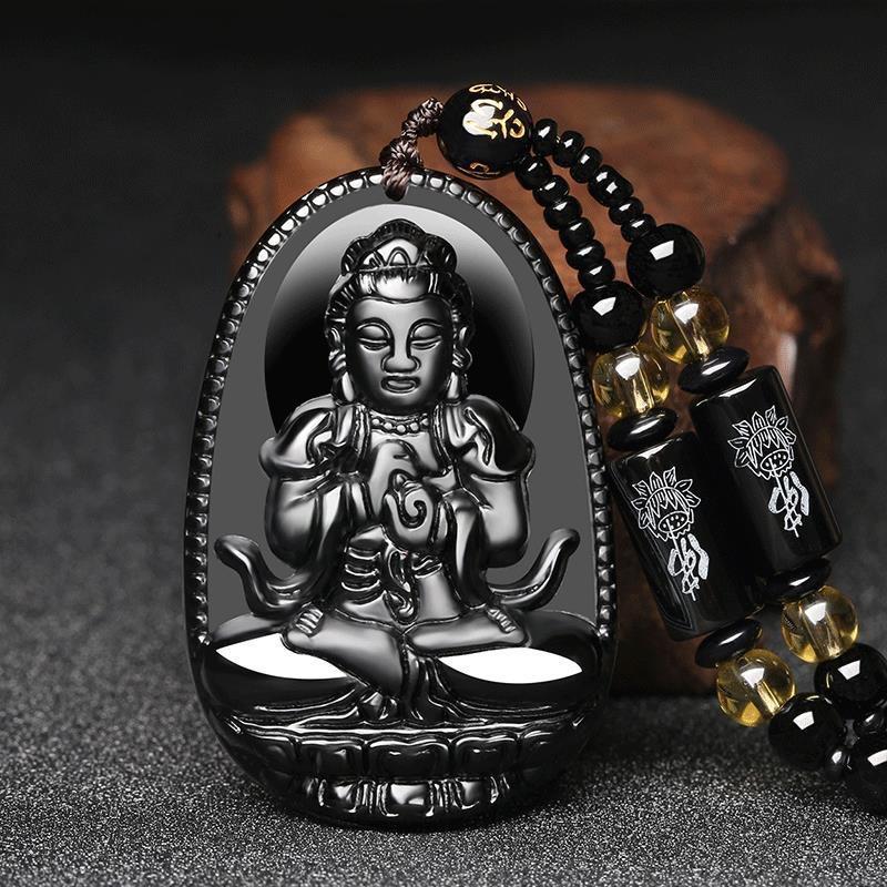 Black Obsidian Buddha Pendant Carved Design Beaded Chain Daily Wear Lucky Gift For Men Women