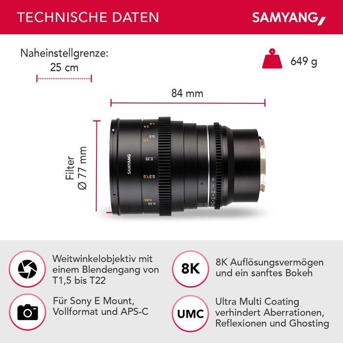 Samyang objectif vidéo vdslr 24mm t1.5 mk2 compatible avec sony e