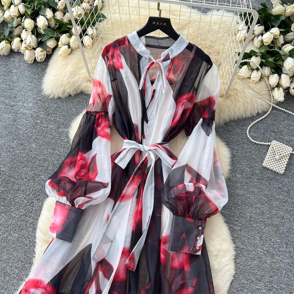 Sexy Long Sleeve Mesh Sweet Print Dress Chic Vintage Evening Party Club  Women Chic Summer Beach Long Dresses