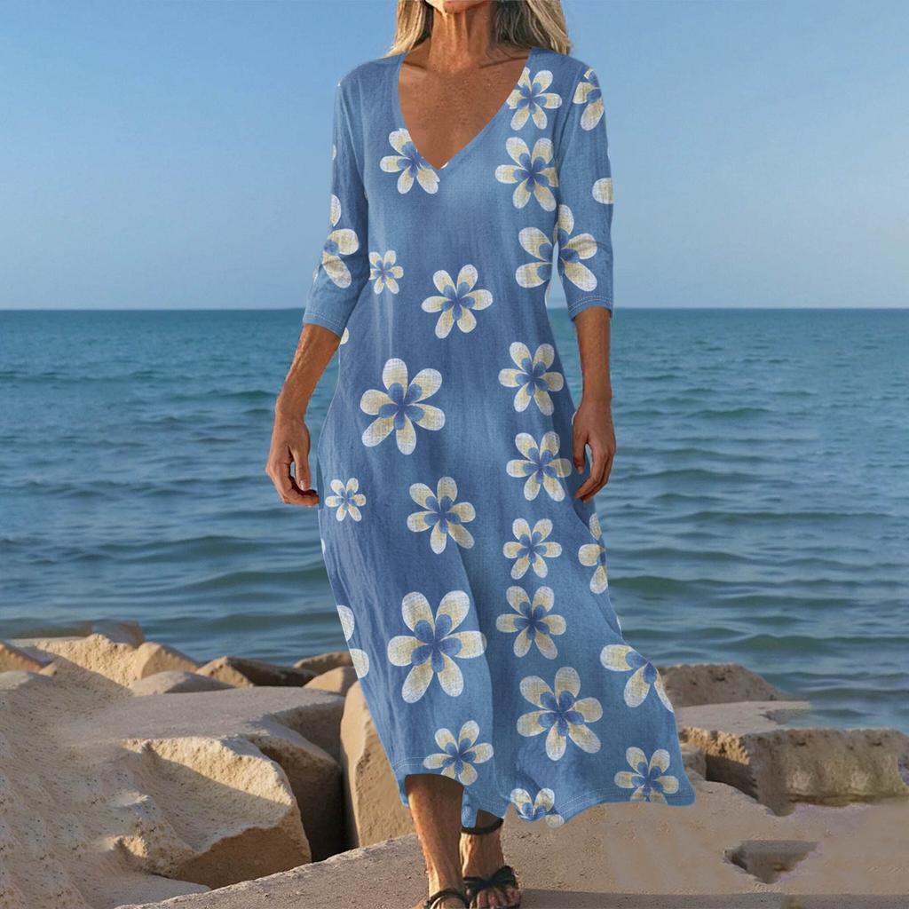 Sukienki Damskie Sukienka Midi z Tuniką w Stylu Vintage z Nadrukiem, z Wcięciem w Talii, Letnia Codzienna Sukienka z Rękawem 3/4