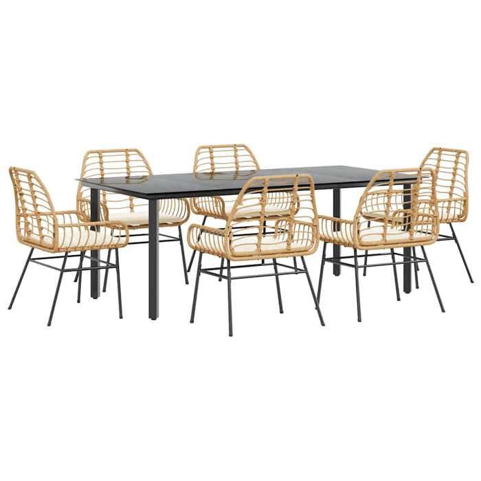VidaXL Ensemble à manger jardin coussins 7pcs marron poly rotin verre, ensemble à manger d'extérieur, meuble à manger de 3334560