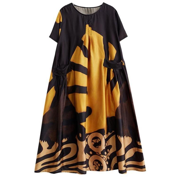 

New Summer Floral Print Dress Plus Size Women Loose Basic O Neck Pattern Style Dresses one size жёлтый