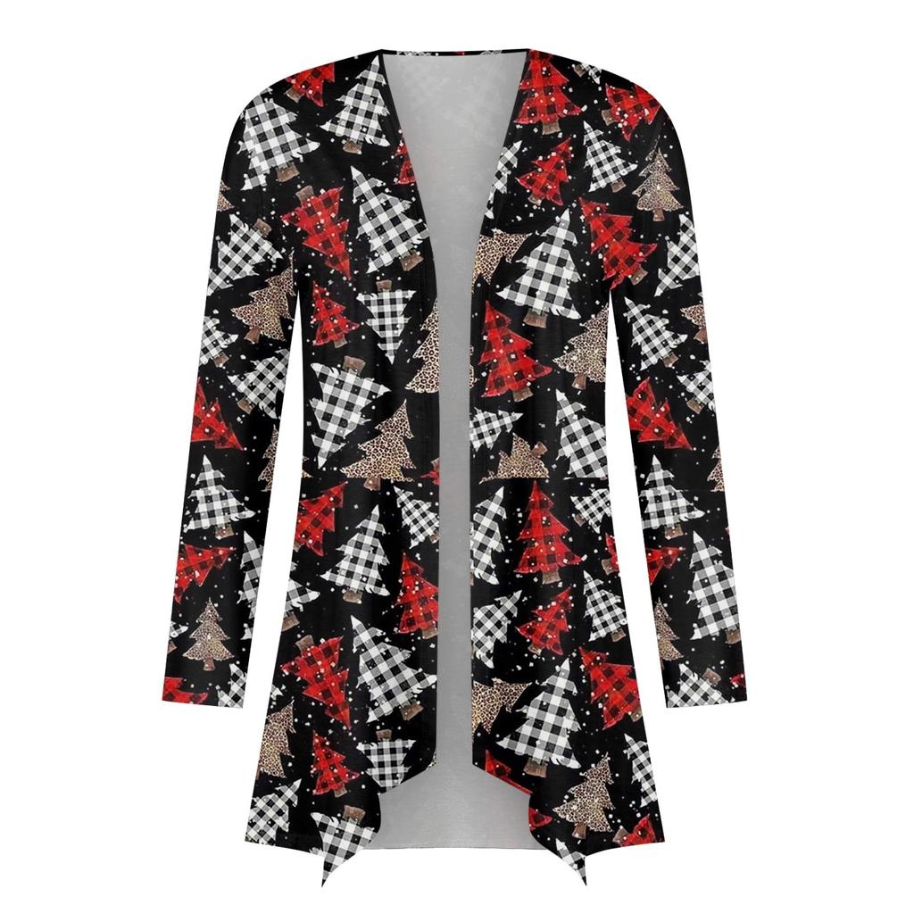 Cardigan feminino estampado de Natal com manga comprida e frente, blusa estampada e jaqueta leve
