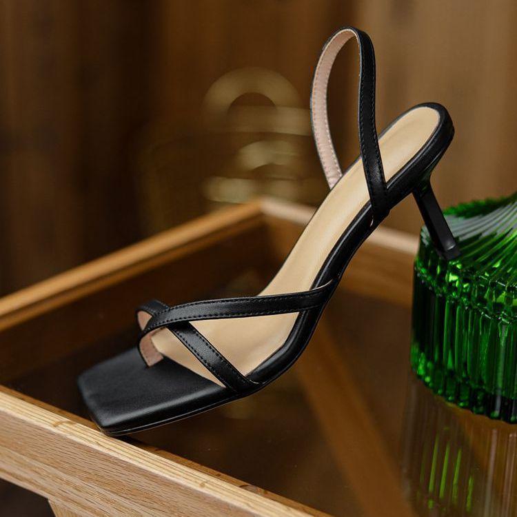 2025 summer new simple toe high-heeled sandals women's thin strap one-word open-toe versatile fashion women's shoes Korean version