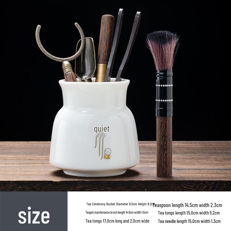 Zen Style Porcelain Tea Ceremony Set: Mutton Fat Jade & Copper Gongfu Tools - 6 Gentlemen