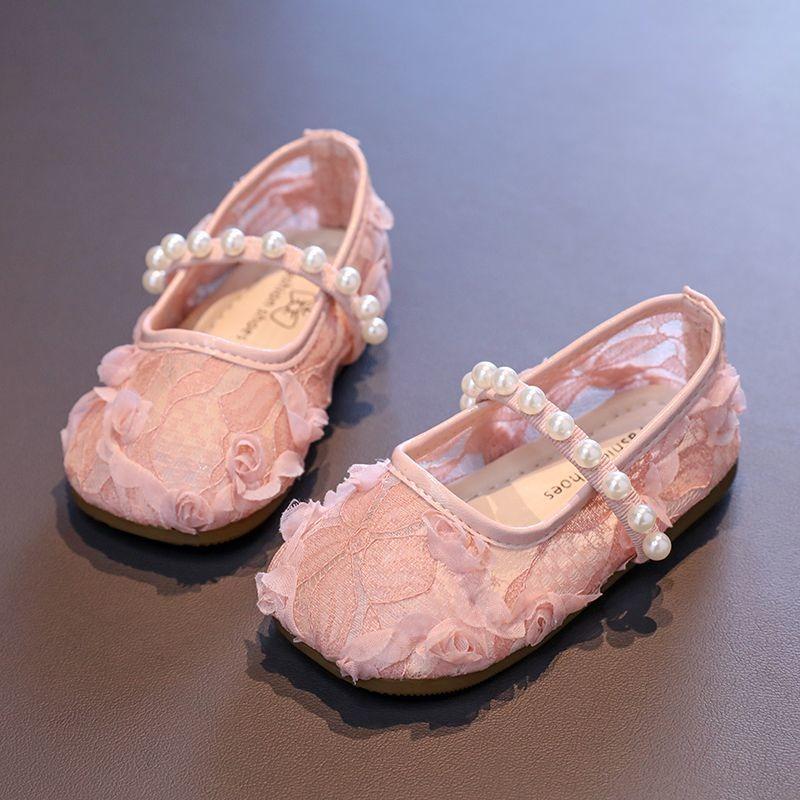 Girls flower petal small single shoes summer new children medium children sweet mesh pearl solid color mesh