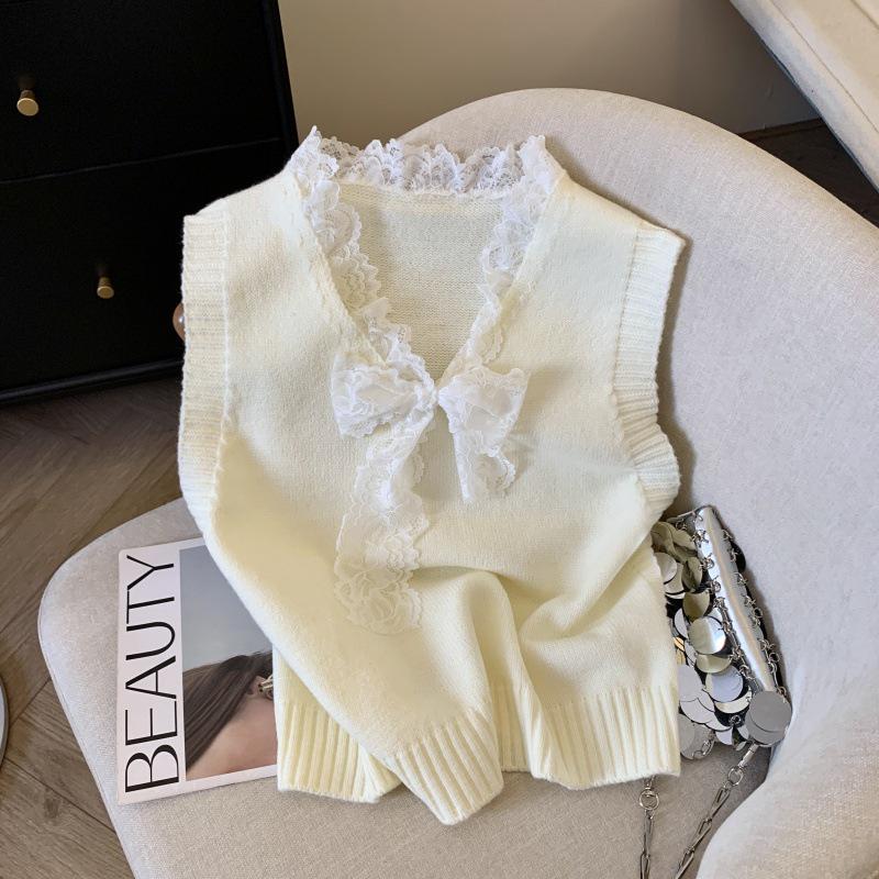 Women's Korean Style Slimming French Lace Bow Knit Pullover Vest - Spring 2026 Top