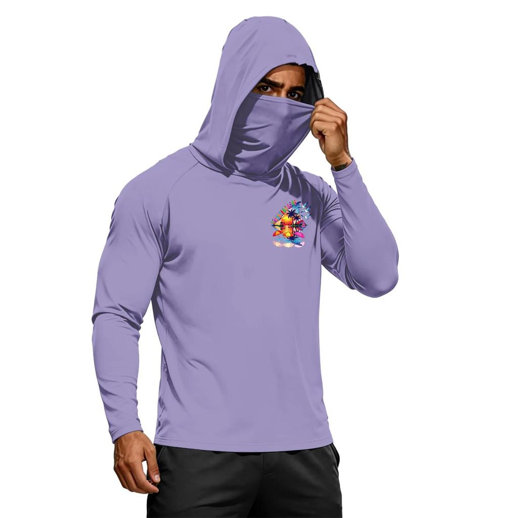 Men's Summer Hawaiian Print Quick Dry Long Sleeve T Shirt Ice Silk UPF50 Plus UV Protection Fitness Sports Hooded Sun Protection Top