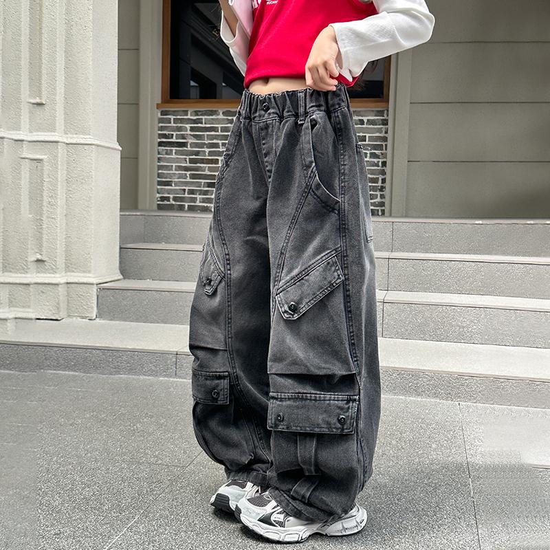 Jeans Cargo Autunnali per Bambina Multi Tasche Bambini Pantaloni in Denim Dritti di Lusso Bambini Adolescenti Moda Pantaloni Casual