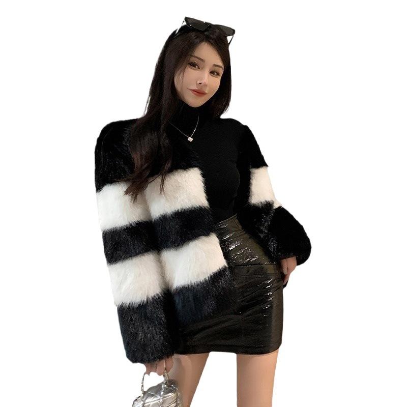 Autumn New Women's Clothing Imitation Fox Fur Imitation Fur Black and White Contrasting Coat Short Slim Temperament Coat