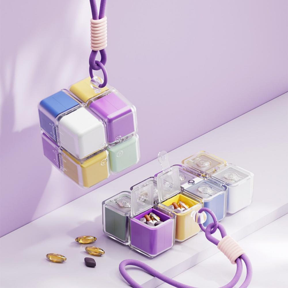 Cube 8-grid pill storage container, portable sealed medicine box with chain, used for daily travel and health storage