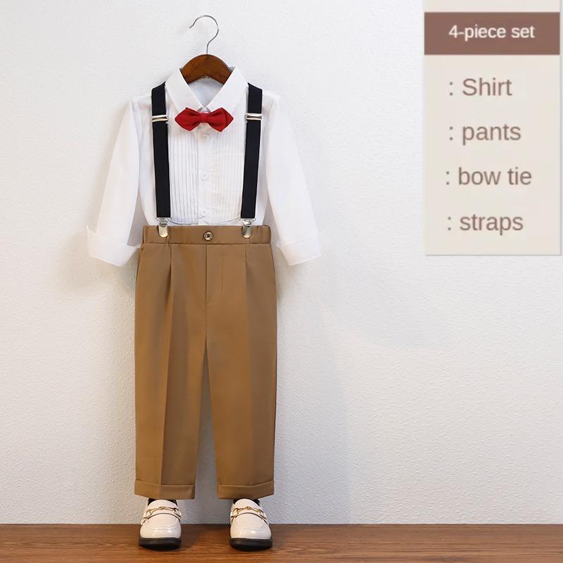 School Boys Suspender Trousers Formal Suit Shirt Bow Tie Kids Wedding Ring Bearer Piano Recital Birthday Photoshoot Gentleman Outfit for Boys 3-12Y