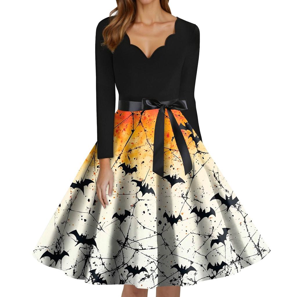 Dámské módní šaty s V-výstřihem, ležérního střihu, slim fit, s halloweenským potiskem, s dlouhým rukávem