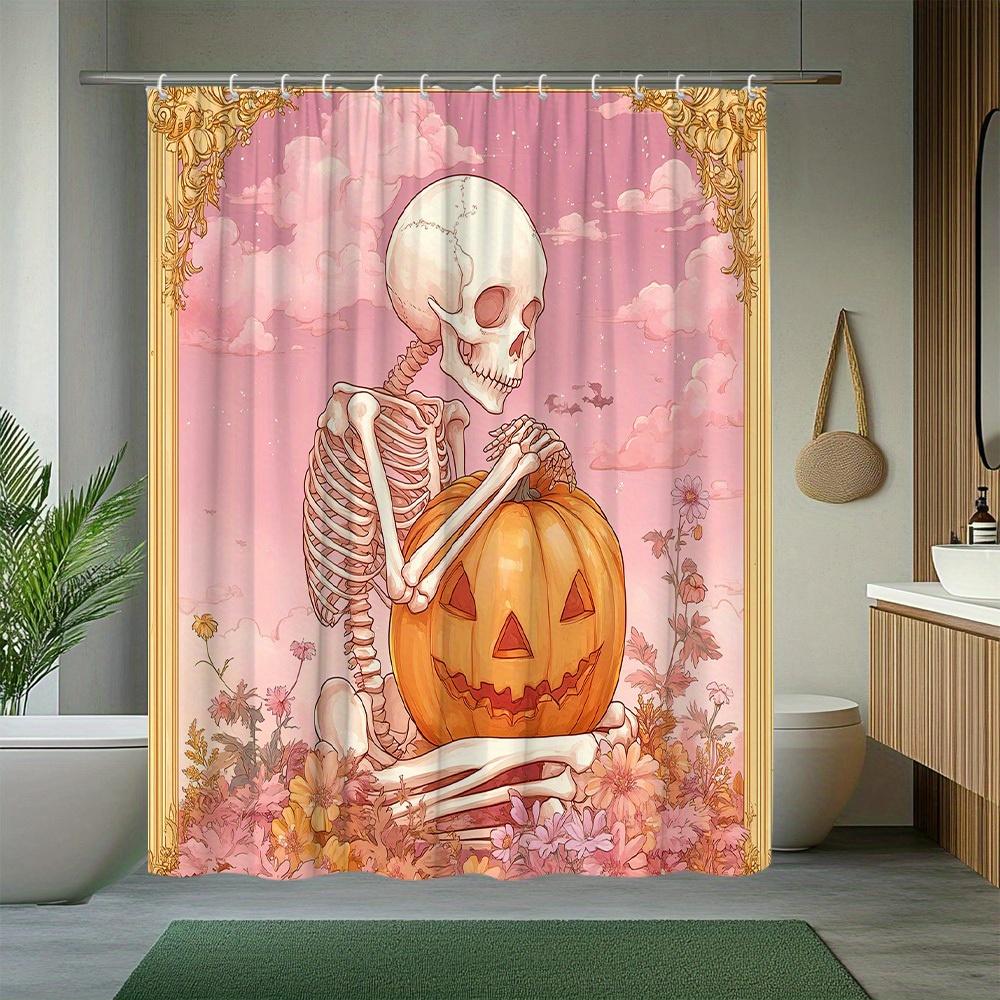1Pc Halloween Shower Curtain Skeleton Pumpkin Landscape Pattern Bathroom Decoration Polyester Fabric Contains 12 Hooks 70. 8X70.