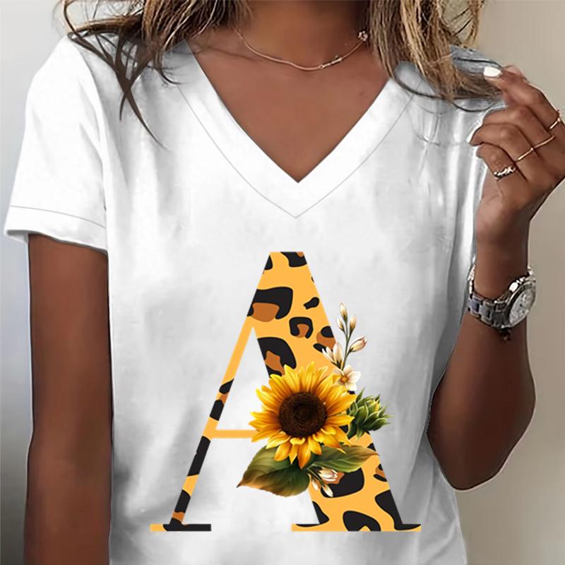 Unisexs Vneck Tshirt Sunflower Leopard Print Letter R Graphic Tee Watercolor Flower Leopard Print Tshirts Az 26 Alphabet Top