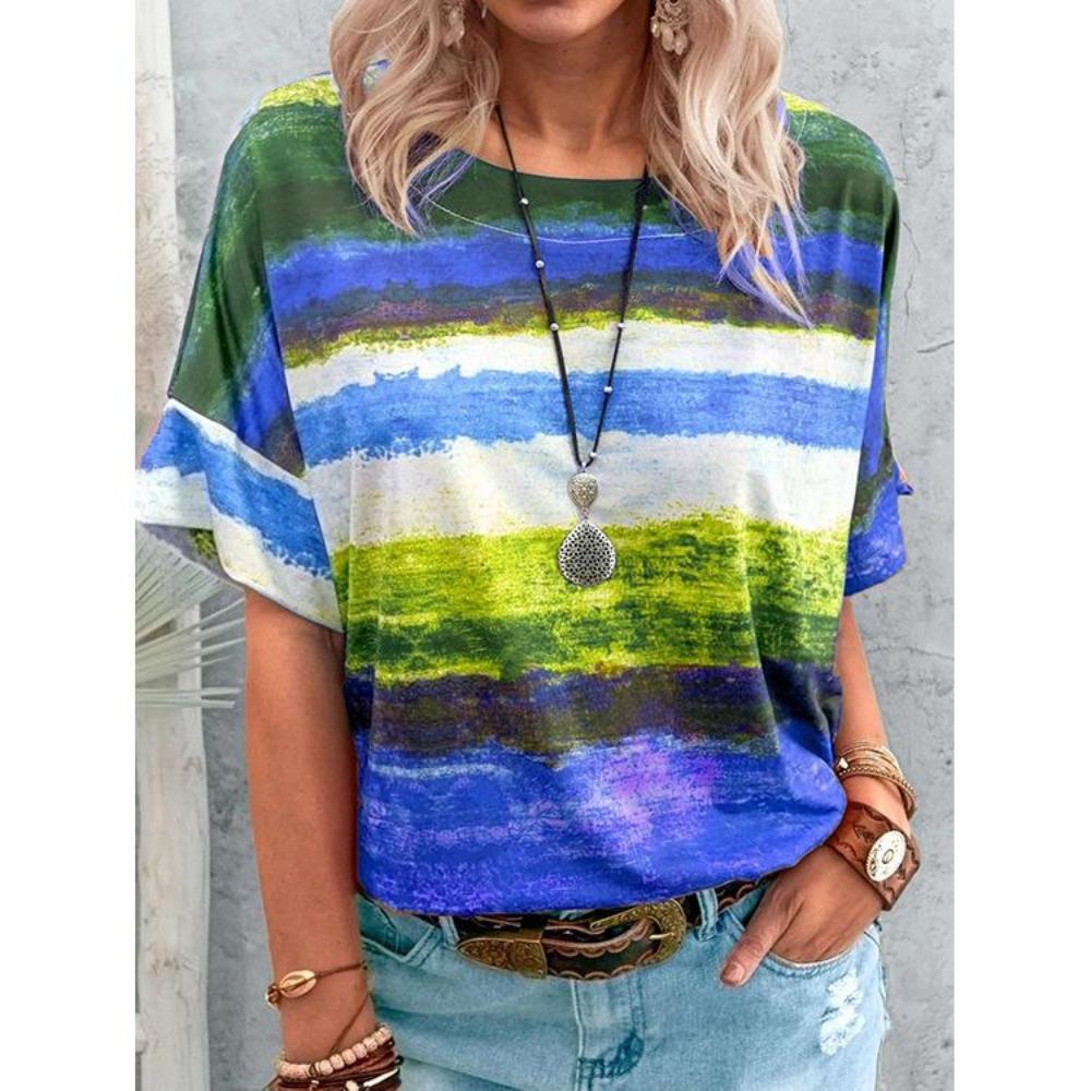 Women's Fashionable Casual Summer Spring Striped Printed Short Sleeved Round Neck T-shirt and Top