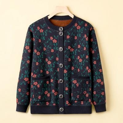 Cardigan de Tricô para Meia-Idade e Idosos Suéter Mãe Roupas Acolchoadas com Veludo Extra para Idosos Avó Casaco de Outono e Inverno Modelos Femininos.