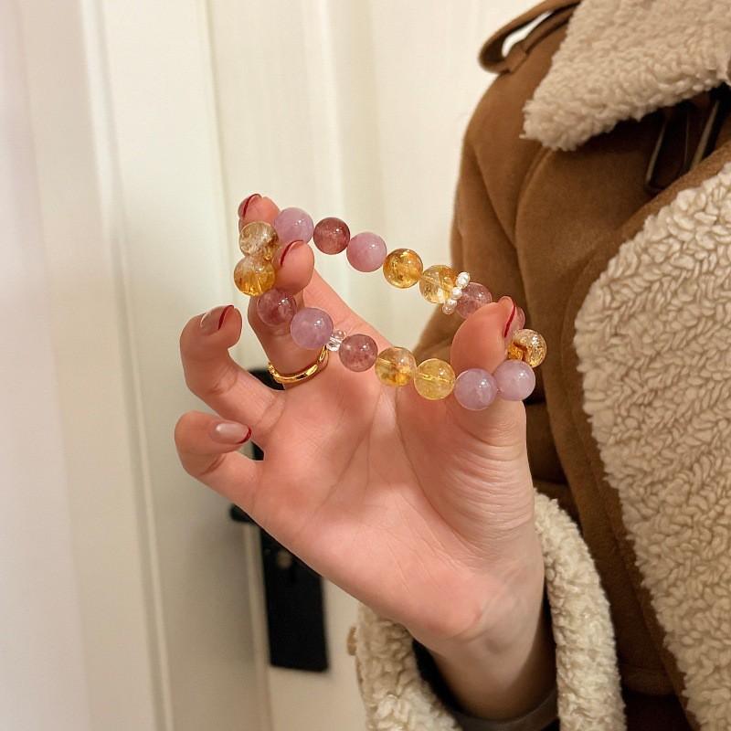 Womens Strawberry Citrine Rose Quartz Beaded Bracelet Dainty Crystal Jewelry Everyday Wear