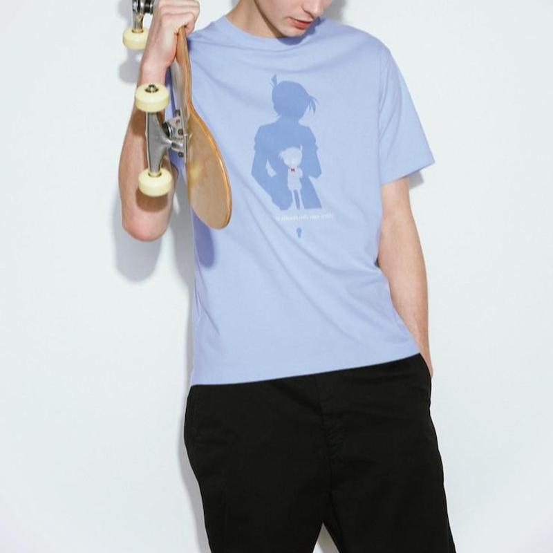 Uniqlo X Detective Conan Collaboration SS23 Solid Color Character Silhouette Print Round Neck Short Sleeve T-Shirt Unisex Tops Light-Blue 462173-61