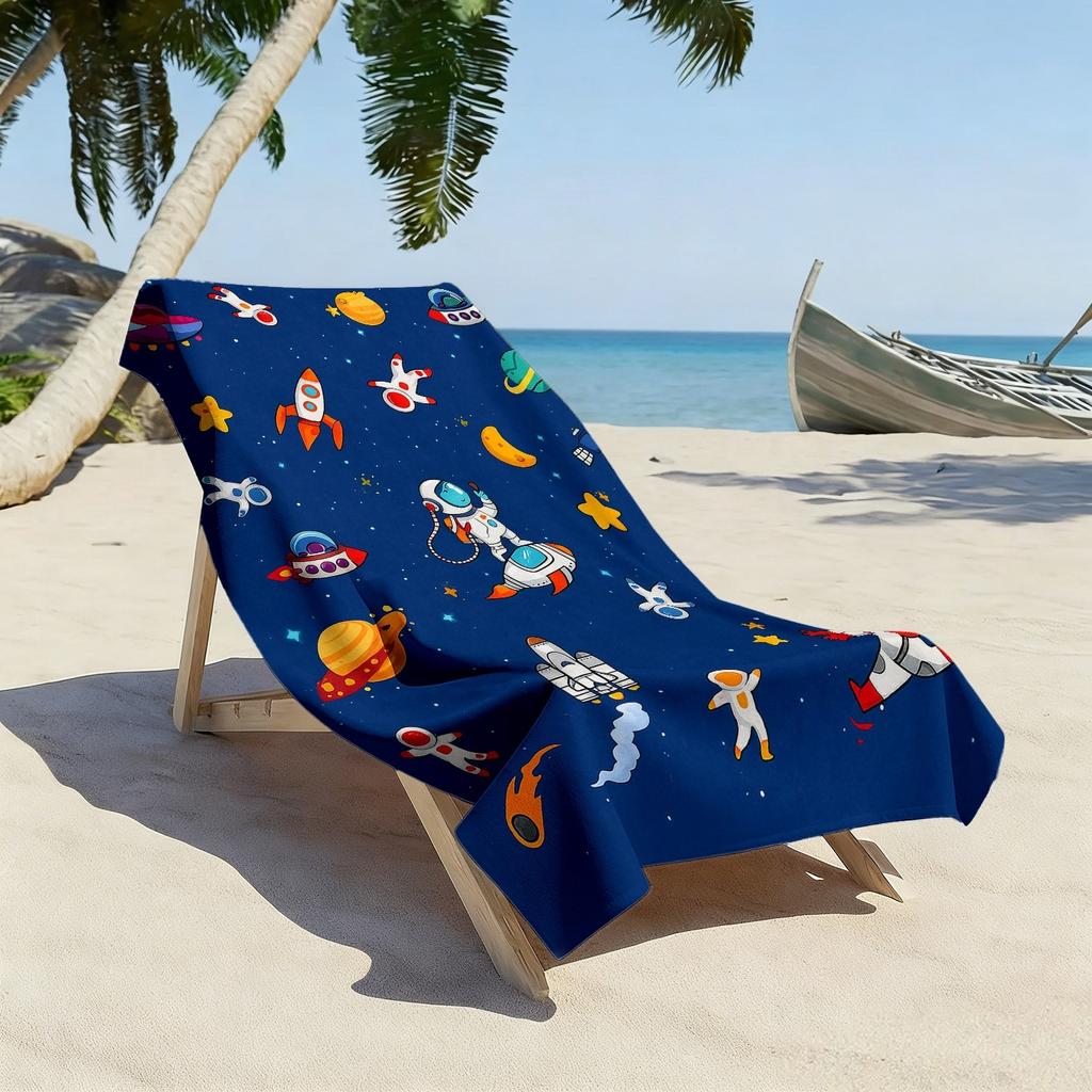 1pc Cartoon Space Theme Ultra-Soft Beach Towel | Astronaut, Rocket, Planet Print, Microfiber, Quick-Dry, Super Absorbent