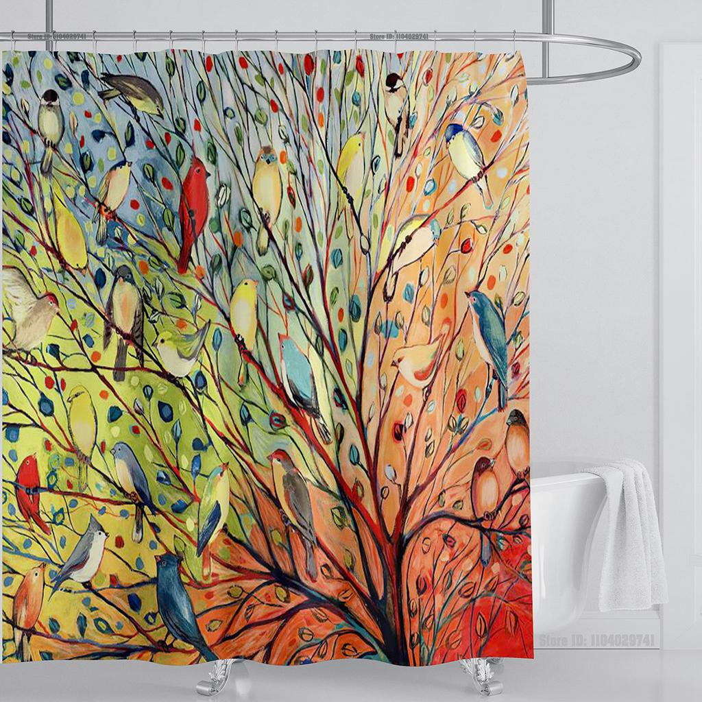 Chinese Style Flower and Birds Tree Shower Curtains Crane Pattern Bath Curtain Waterproof Bathroom Decor With Hooks 3d Printing