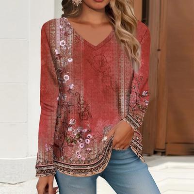 V-neck 3D Printed Top Fashionable Casual Retro Long Sleeved Women's T-shirts
