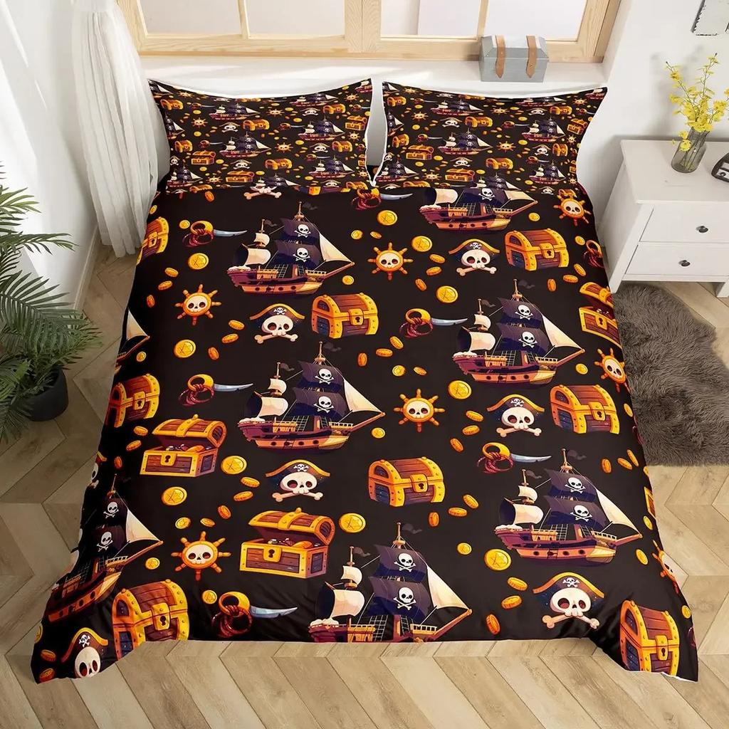 Pirates Skull Duvet Cover Sets For Boys Kids Men Teen Queen Lightweight Bedding Sets Nautical Bedding Set Bedroom Decor No Quilt