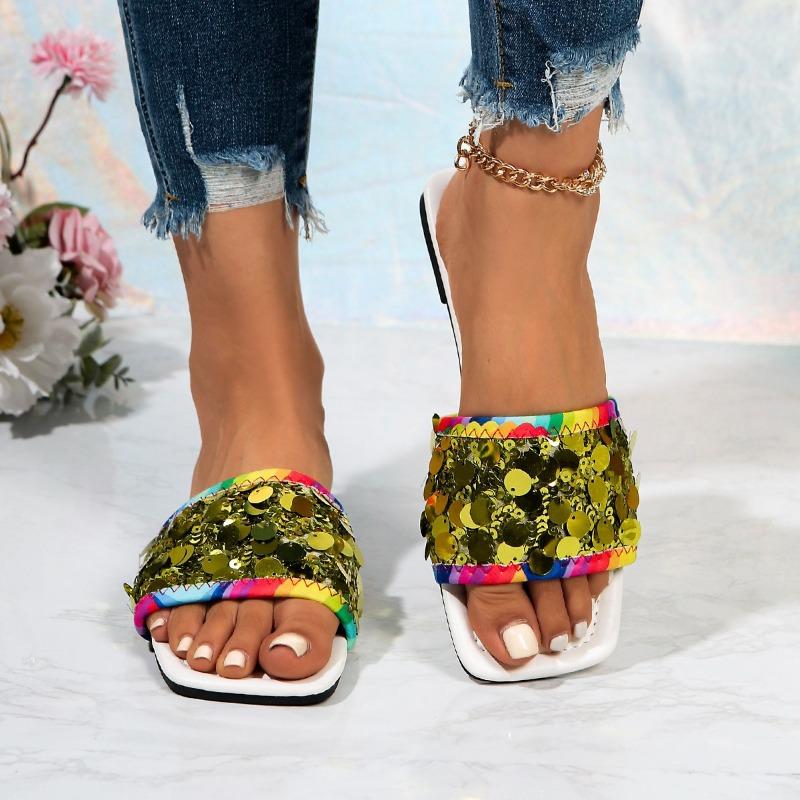 Flat-bottomed sequined cool slippers women's summer new square head wear large size 44 one-word slippers