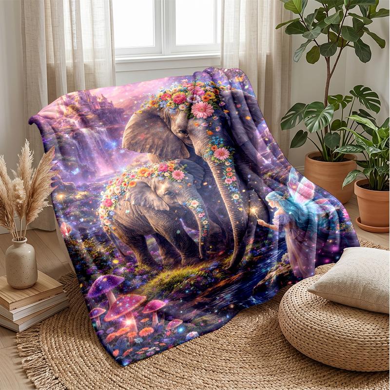 Fairy and Floral Elephants Theme blanket Lightweight Warm Flannel Blanket Decorative Throw Blanket for Home Decoration