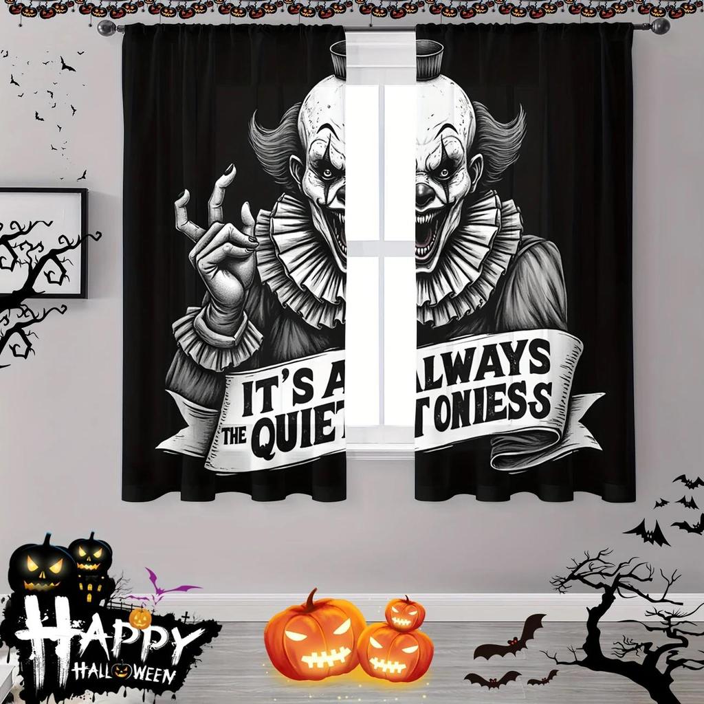 2pcs- Halloween Classic Look Gothic Clown Print Curtains, Pole Bag Home Decorations, Space Decorations Durable Material