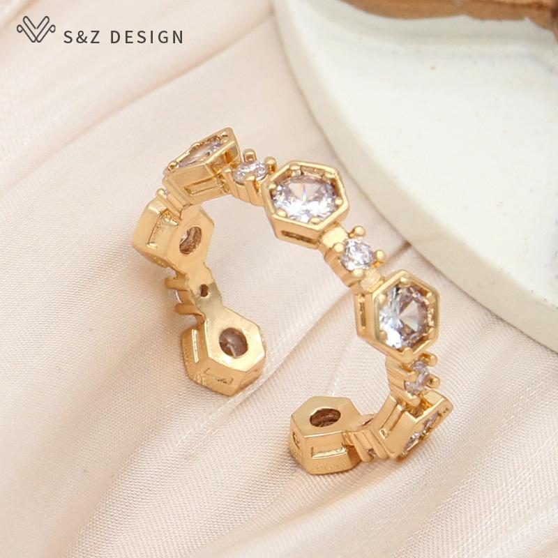 Fashion Hexagon Adjustable Cubic Zirconia Honeycomb Rings For Women Champagne Gold Color Trendy Jewelry Gift