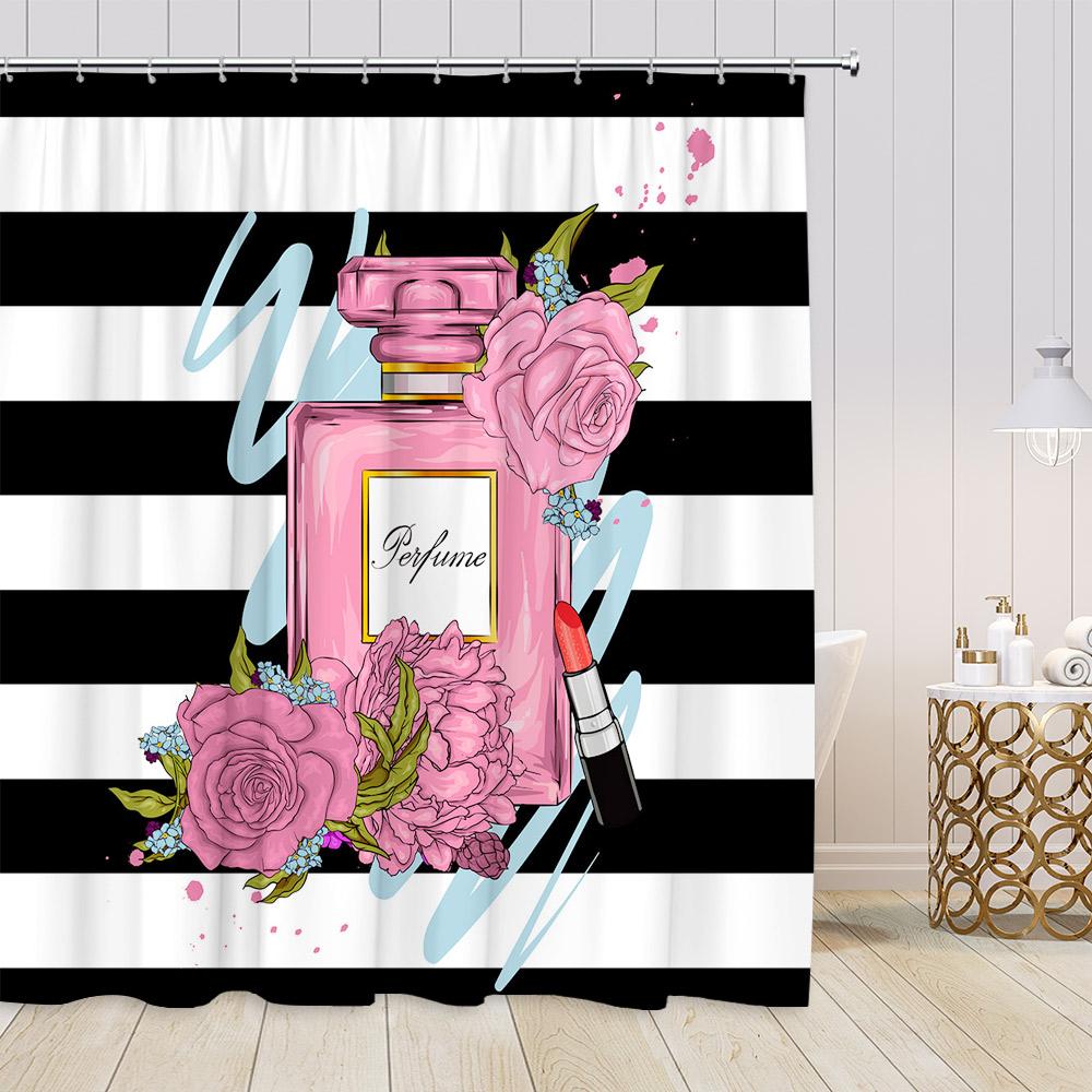 Pink Perfume Shower Curtains Cosmetics High Heels Flowers Black White Stripes Bathroom Decor Girl Fashion Vintage Bath Curtain