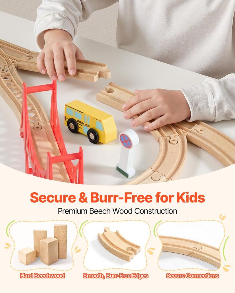 113PCS Wooden Train Set, for Kids Ages 3-8, Wood Train Track Toy with Storage Box, City Scene Railway Playset, Compatible with Major Brands, Christmas