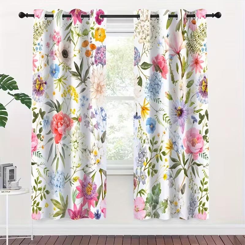 2 Pcs Leaves And Flowers Print Curtains,Suitable For Bedroom,Living Room Kitchen Decoration,Home Decoration,Window Decoration