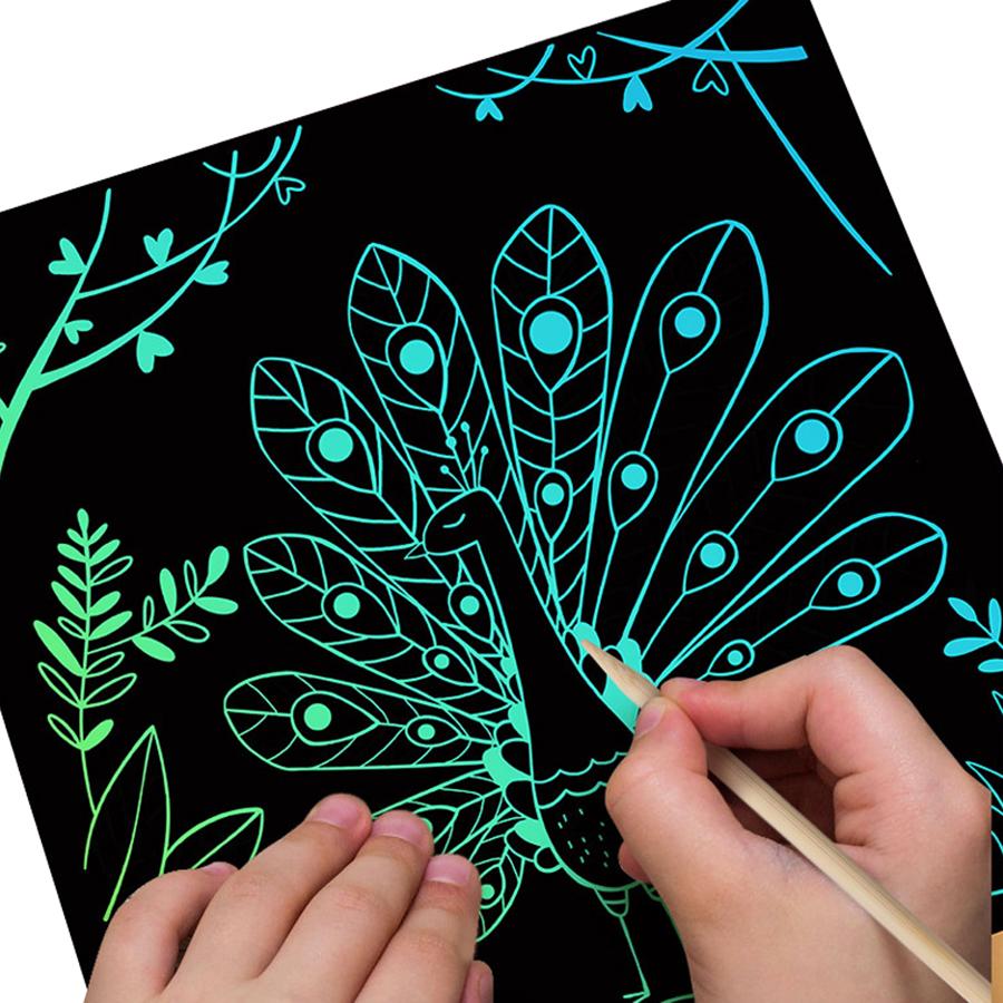 50pcs 18.5cm Scratch Painting Set with 4pcs Painting Template Ruler Imaginative DIY Painting Art Kits School Office Supplies