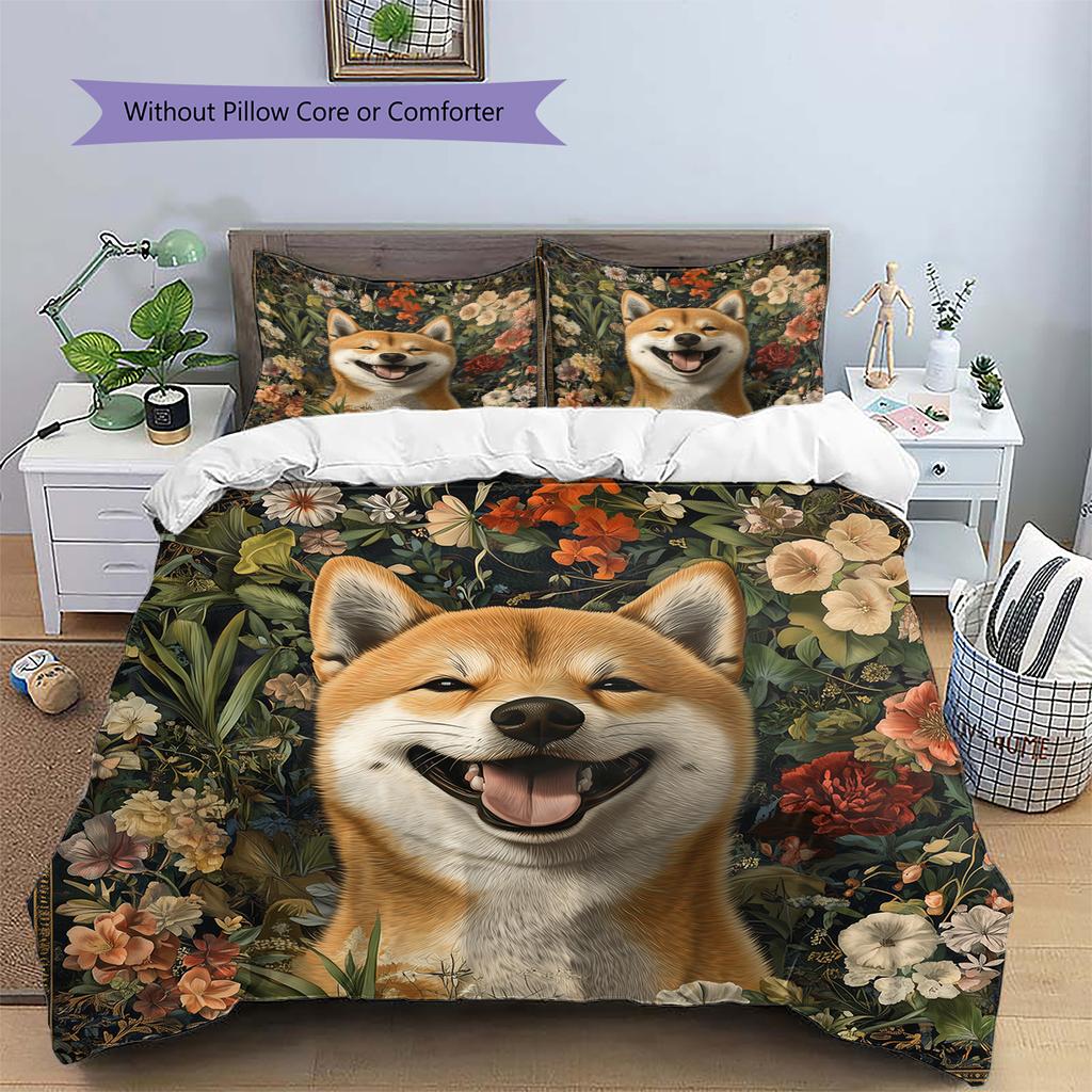 Roztomilé povlečení se vzorem Shiba Inu Domácí dekorace Narozeninový dárek (1 * povlak na peřinu + 2 * povlak na polštář, bez jádra)