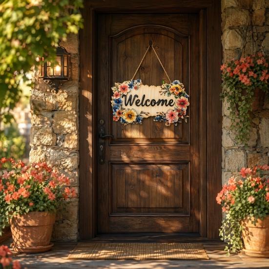 Floral Wooden Welcome Sign Front Door Sign Ornaments Flower Hanging