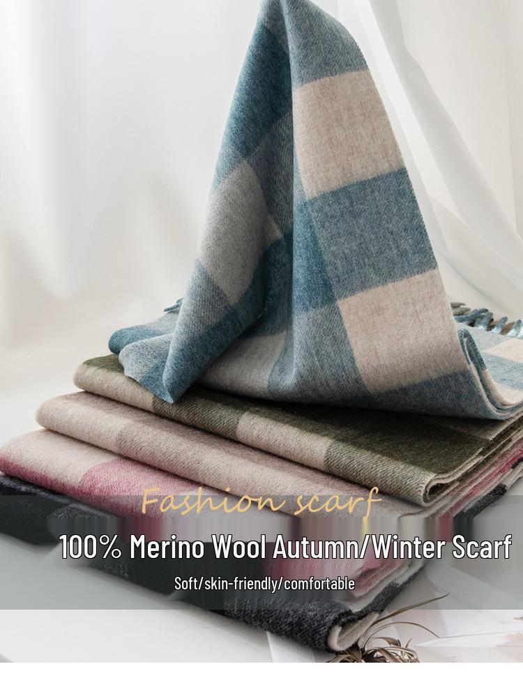 100% Wool Plaid Scarf for Women - High-end, Warm, Versatile with Tassels - Perfect for Autumn and Winter