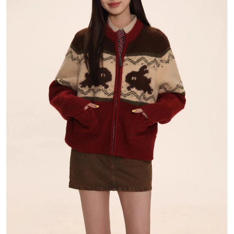 Жаккардовый кардиган с рисунком кролика, цветной, с круглым вырезом, на молнии, женский зимний свитер с рисунком кролика в стиле ретро, удобный, универсальный и модный XS красный