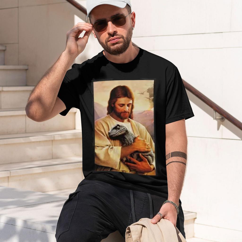 Religious Unisexs Tshirt Jesus Holding A Dinosaur Christian Faith Theme Summer Casual Wear Gift For Religious Believers And Faith