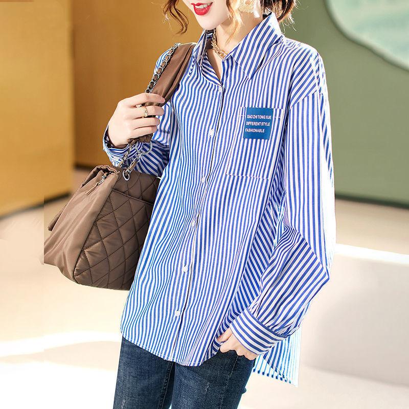 Vintage Casual Striped Printed Women's Shirt Spring Autumn Ladies Turn-down Collar Loose Fashion Long Sleeve Buttos Blouses