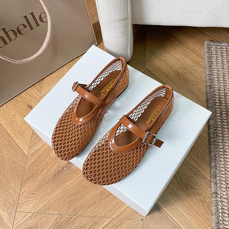 

Мода 2025 новые летние сетчатые балетки женские с круглым носком мокасины с вырезами мэри джейн туфли ремешок на щиколотке кружевные балетки лоферы большой размер 43 34 коричневый