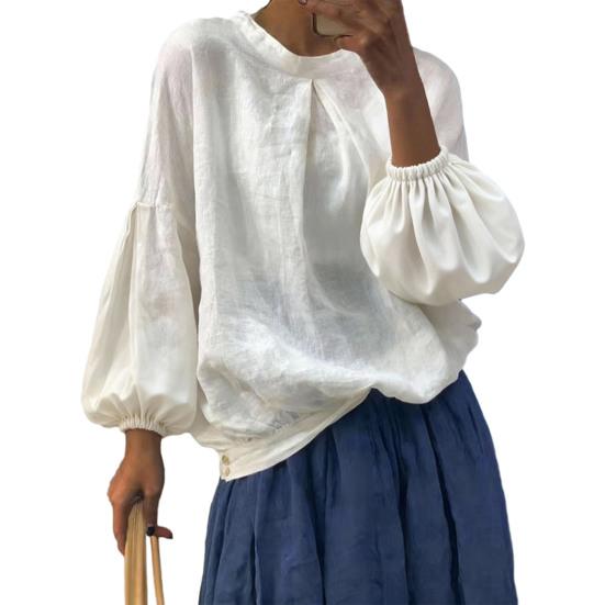 Women Shirt Round Neck Puff Long Sleeves Asymmetrical Hem Side Buttons Loose Fit Casual Summer Tops Daily Wear S белый