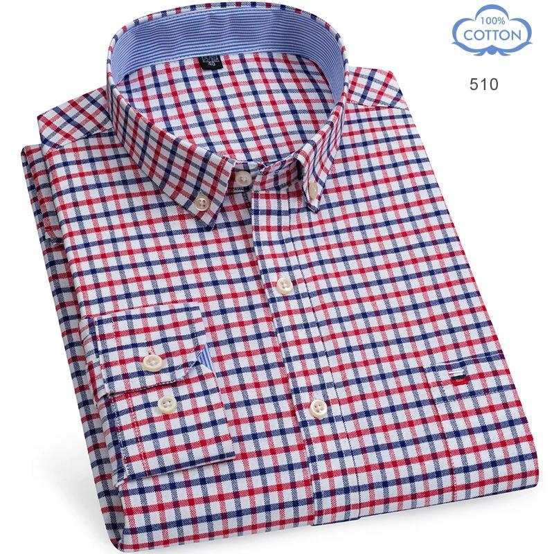 Camisas Oxford de Algodón 100% Puro para Hombre Manga Larga Camisa a Cuadros Rayada Masculina Negocios Tartán Camisa Roja Ropa de Diseño para Hombre