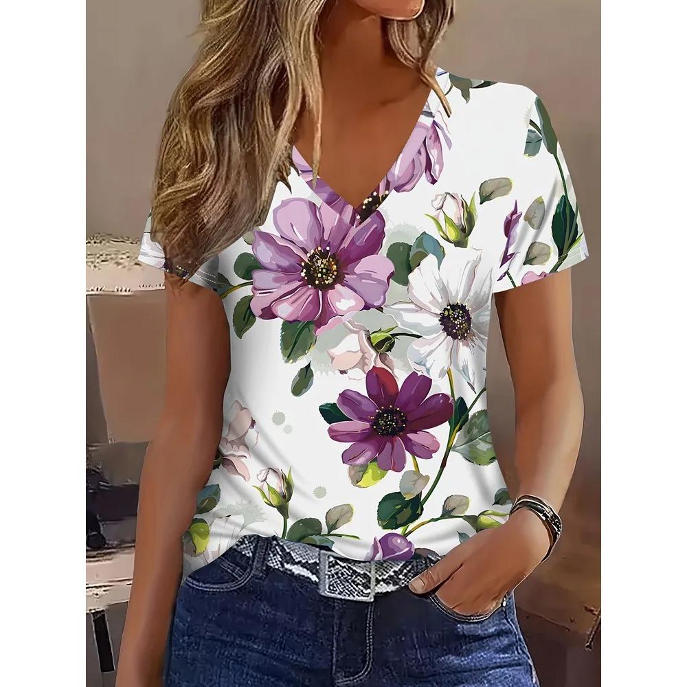 Creative Colorful Stripe Pattern Summer Soft Fashionable Comfortable Women's T-Shirts Casual Breathable Loose V-Neck Short-Sleeve T-Shirt