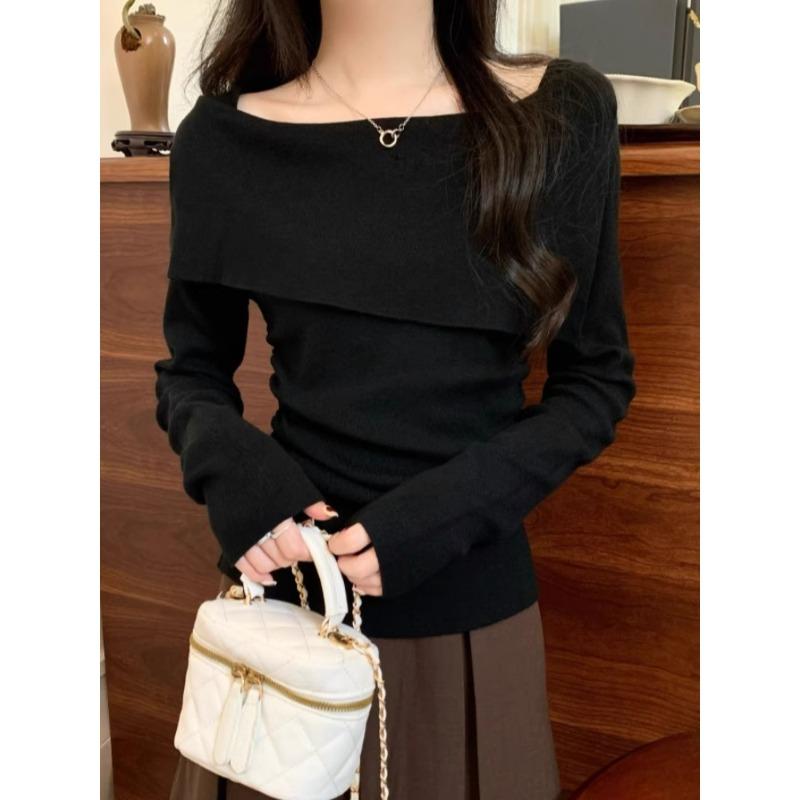 Design Sense One-word Shoulder Lapel Long-sleeved Knitted Sweater Women's Inner Slim-fitting Sweet and Spicy Bottom Sweater Outer Top