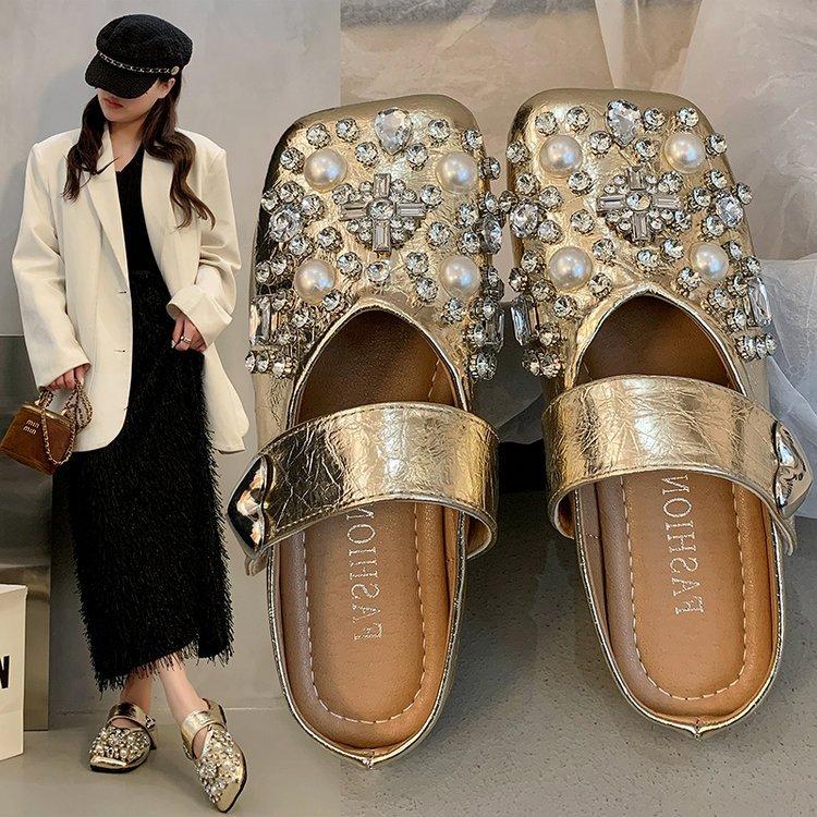 Baotou Half Slippers Women's Outer Wear 2025 New Summer Sandals Flat Bottom Mary Jane Rhinestone Retro Ins Shoes